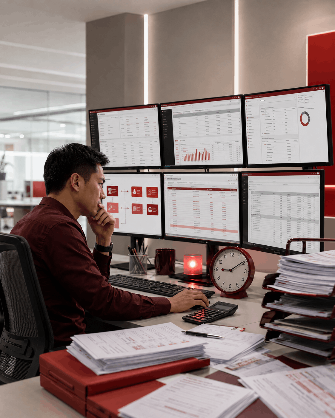 Tim finance memantau transaksi lintas modul di beberapa monitor